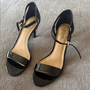 MICHAEL Michael Kors Black Patent Ankle-Strap Heels with Gold Buckle